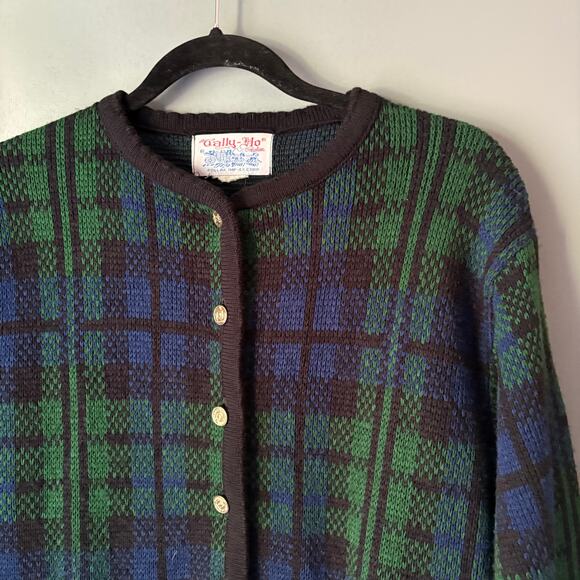 Vintage TALLY HO Women's Med Green Blue Plaid Tartan Wool Blend Cardigan Preppy - Picture 11 of 11